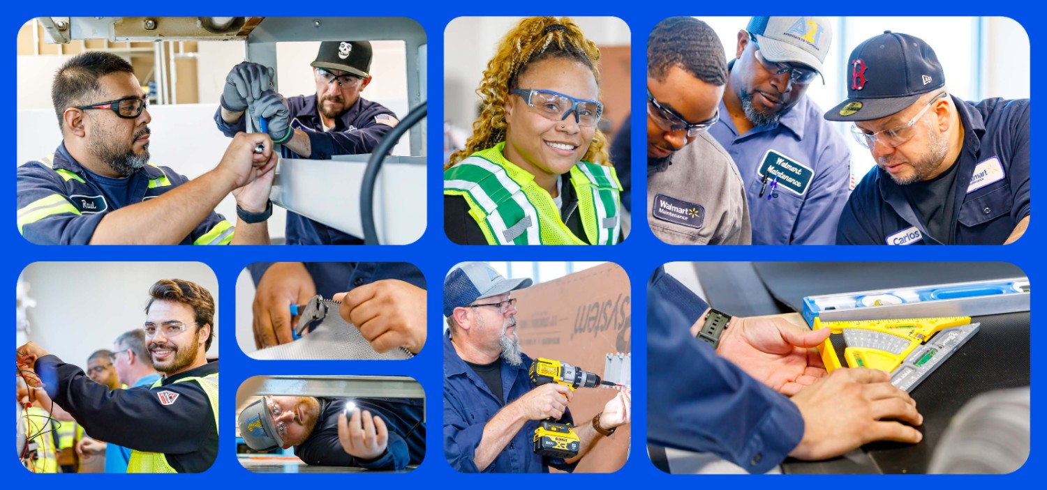 A collage of Walmart associates in the Associate-to-Technician program performing a variety of maintenance tasks in safety gear.